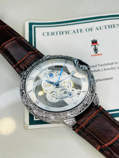Brown Silver Engraved Skeleton Dial Watch