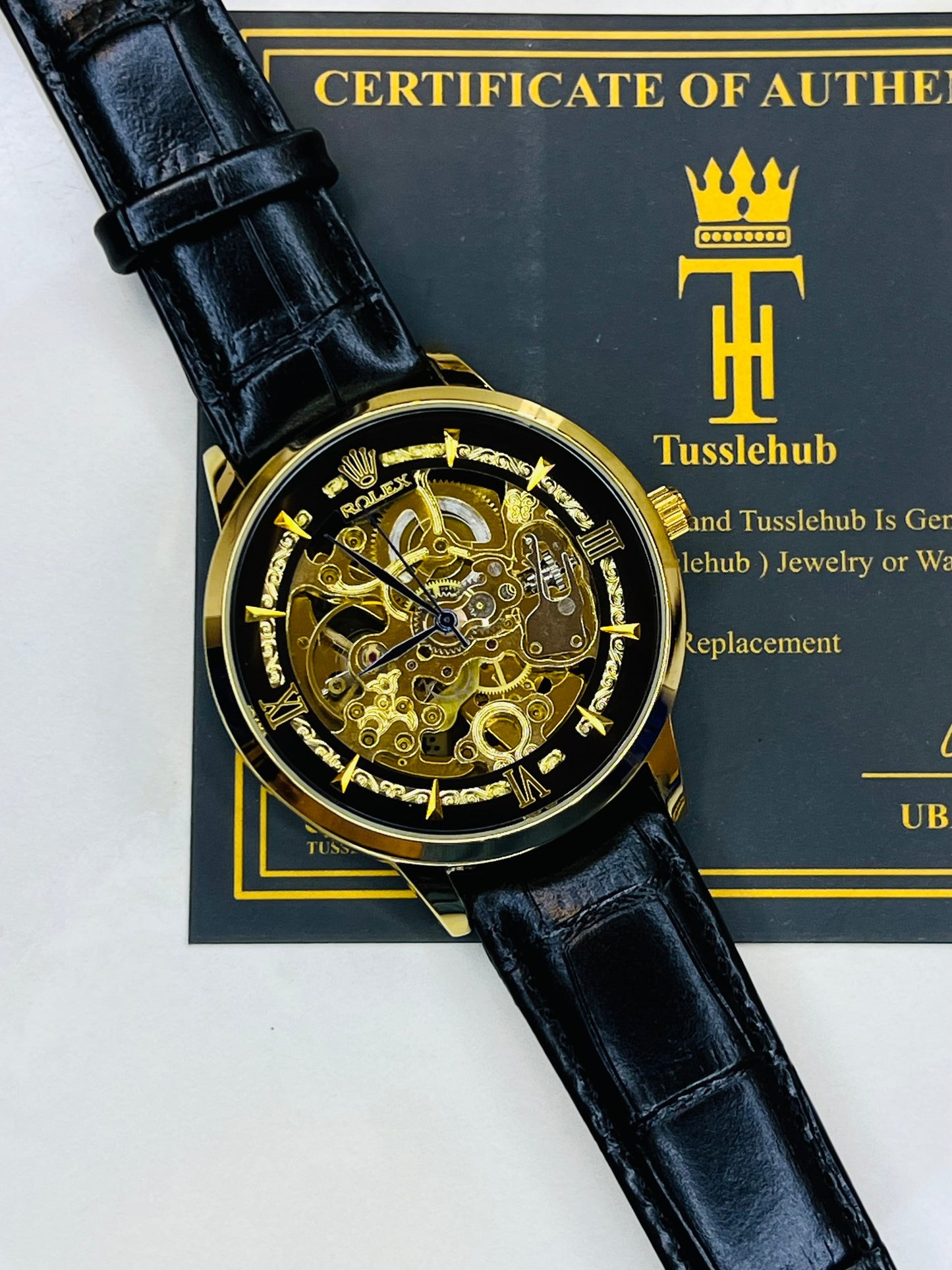 Leather Rol*x Black Gold Automatic Skeleton Watch