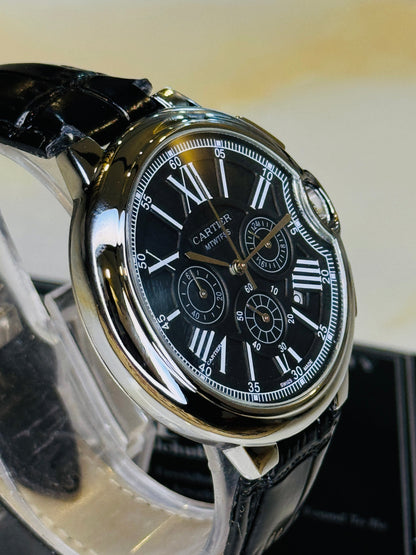 C-1 All Black Leather Cart*er Chronograph Dial Watch