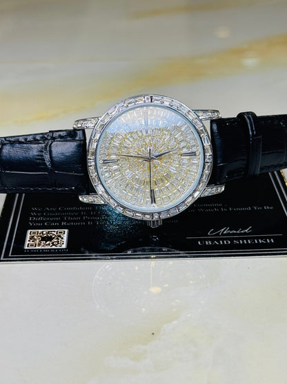 Round Zircon Dial Leather Strap Watch For Her