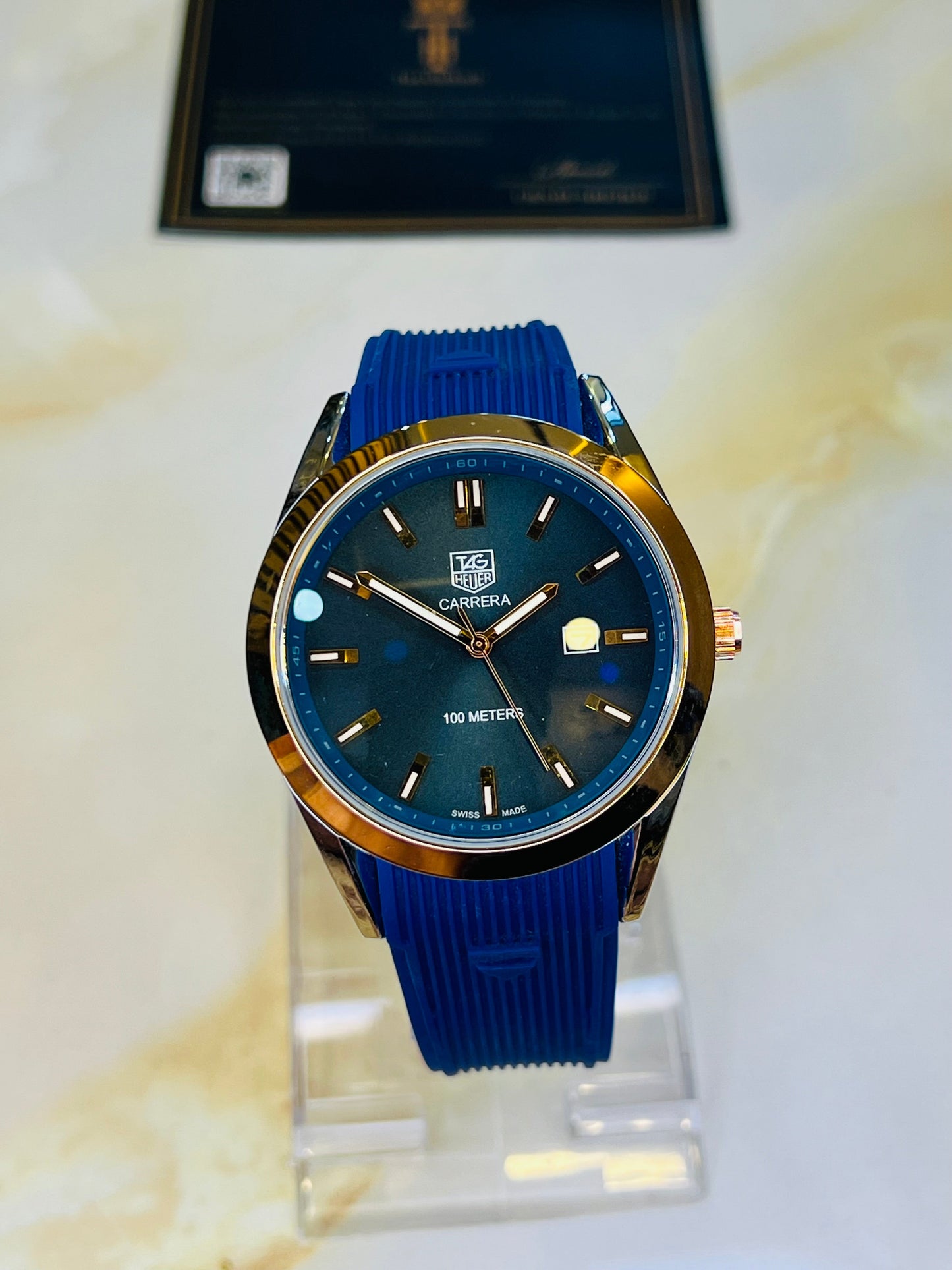 Blue Two Tone Carrera Day Date Elite Dial Silicon Strap Watch