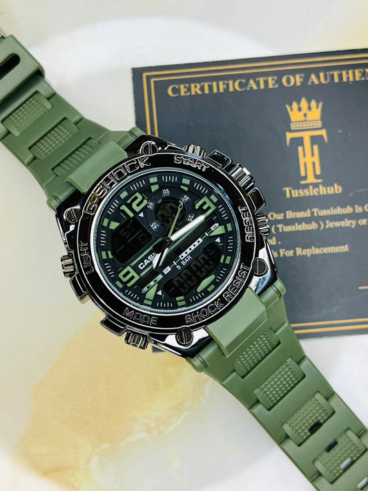 Army Green Strap Digital Metal Body Sports Watch