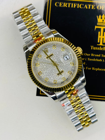 Jubilee Date Just Two Tone Diamond Fluted Grey Textured Dial Quartz Watch