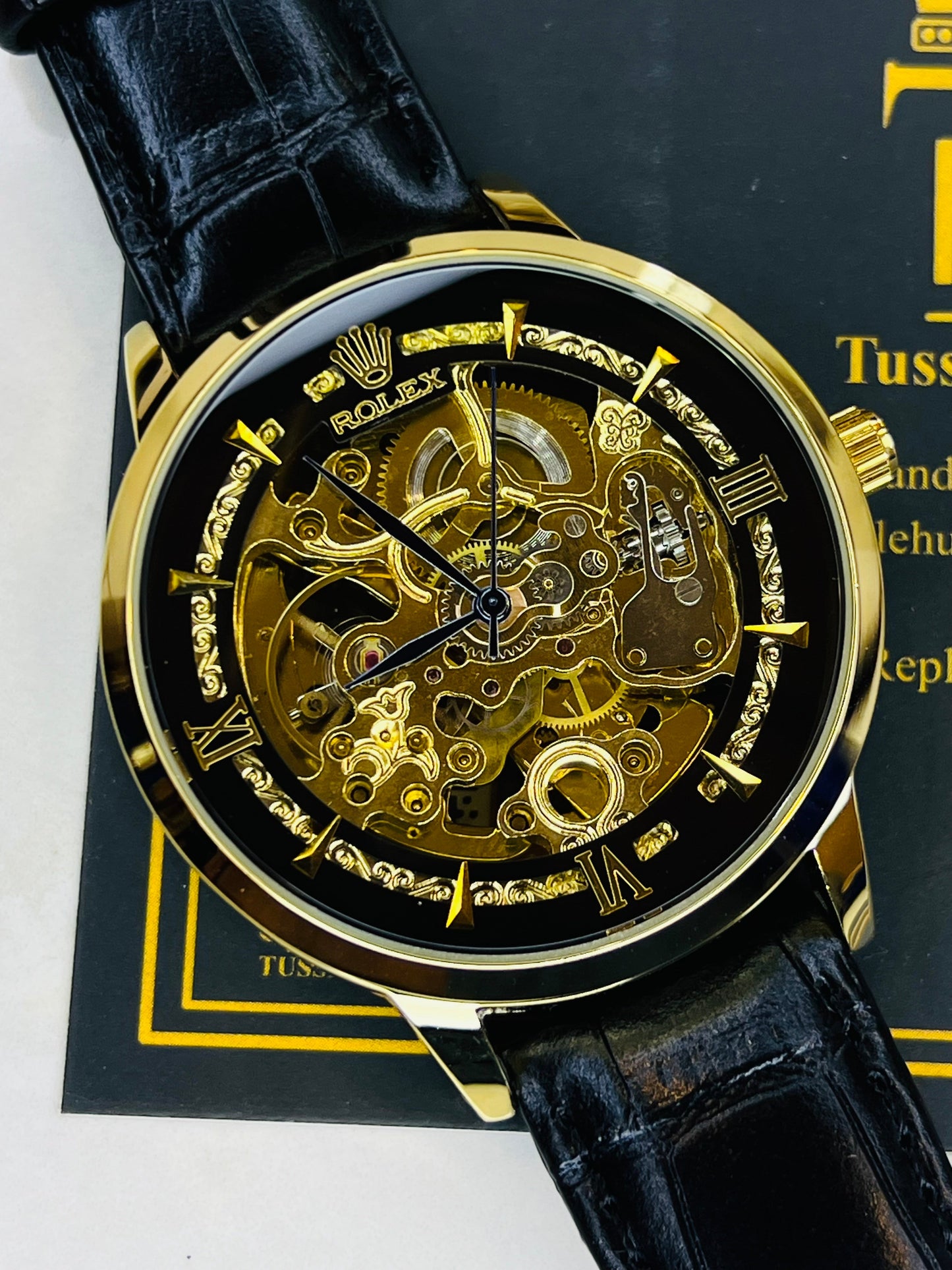 Leather Rol*x Black Gold Automatic Skeleton Watch