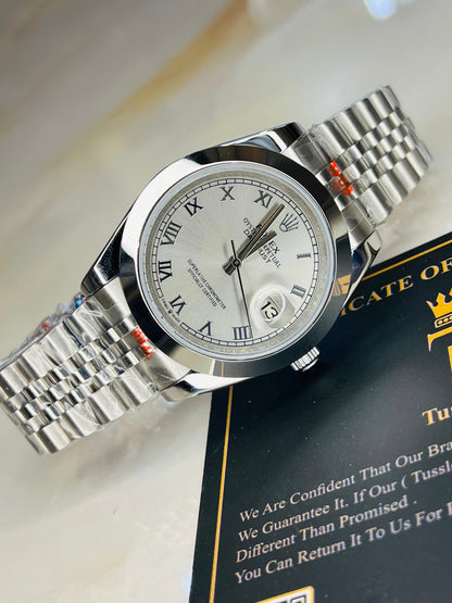 Roman Date Just Silver White Plain Bezel Automatic Watch