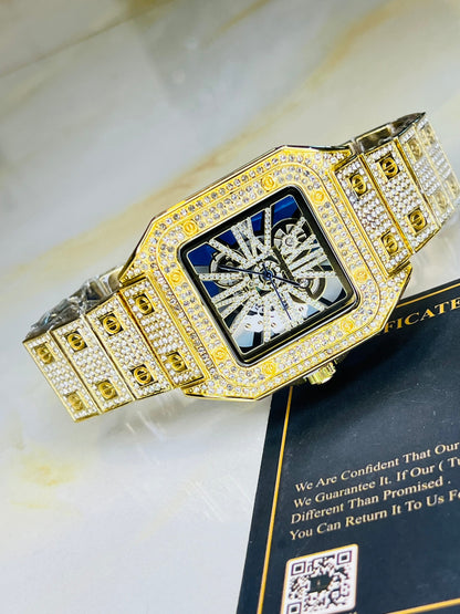 Gold Skeleton Iced Out Watch