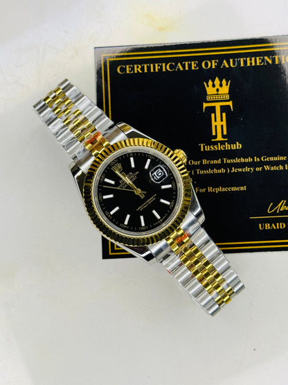 Jubilee Date Just Two Tone Vertical Fluted Black Dial Quartz Watch