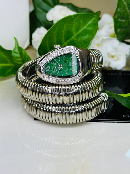Silver Emerald Serpentine Watch For Her