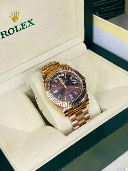 Rose Gold Chocolate Gems Automatic Day Date Super Clone Watch