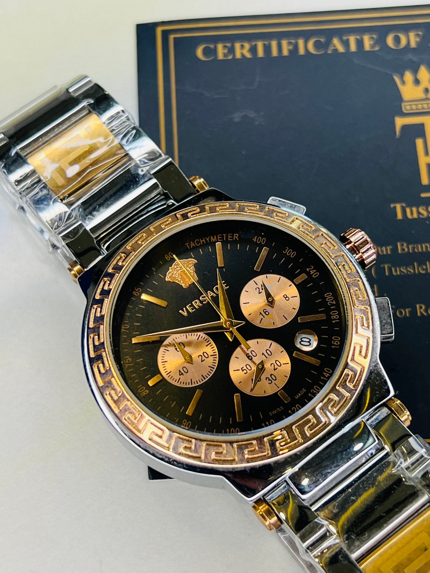 Silver Copper Versace Black Chronograph Dial Watch