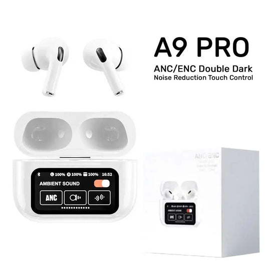 White A9 Pro Airpods  ANC/ENC Touch Screen Display Wireless Earbuds