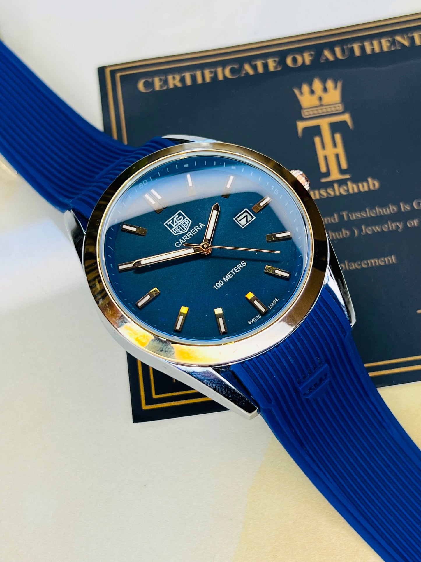 Blue Two Tone Carrera Day Date Elite Dial Silicon Strap Watch