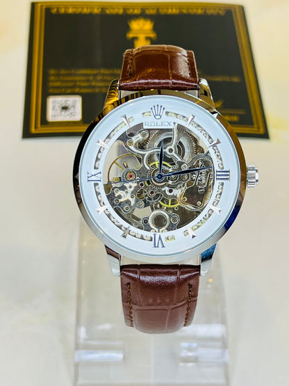 Leather Rol*x Brown White Automatic Skeleton Watch