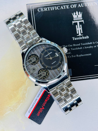 Silver Cristiano Aillen Black Dial Dual Gear Watch