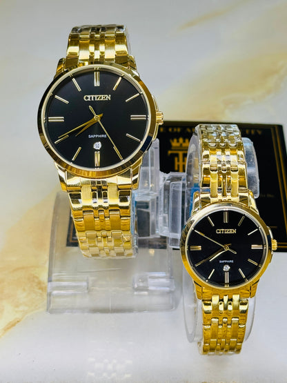 Gold Black Down Date Citizen Couple Watch
