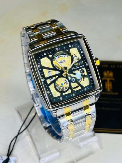 Success Way Two Tone Square Skeleton Dial Watch