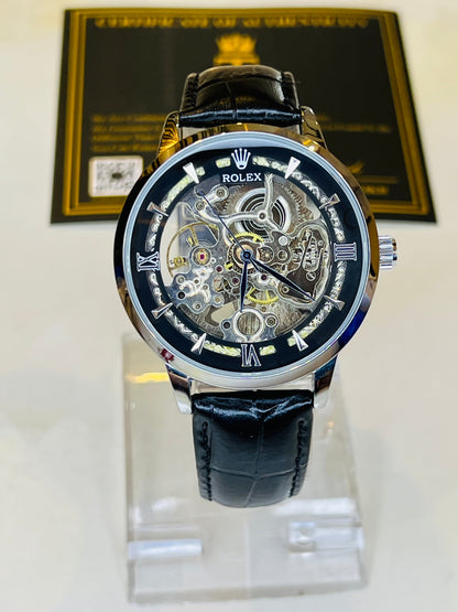 Leather Rol*x Black Silver Automatic Skeleton Watch