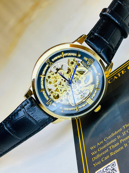 Leather Rol*x Black Gold Automatic Skeleton Watch