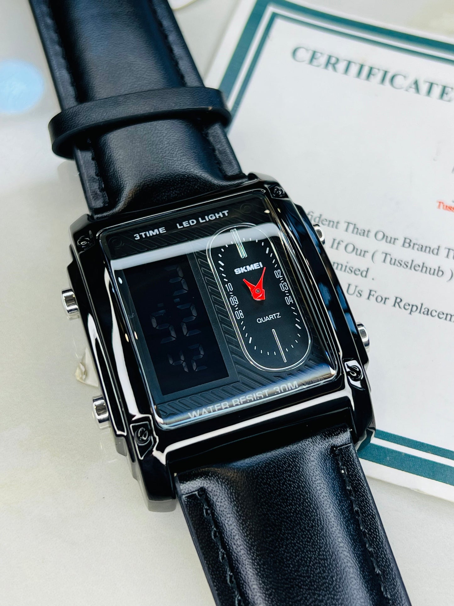 Leather Strapped Skmei 3 Time Black Watch