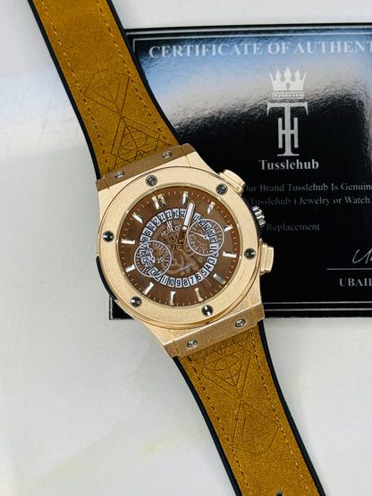 Camel Brown Hologram Hublot Leather Strap Watch