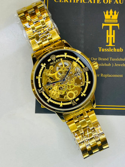 R-1 Gold Black Chain Strap Skeleton Automatic Watch