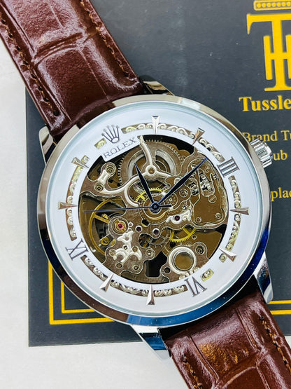 Leather Rol*x Brown White Automatic Skeleton Watch