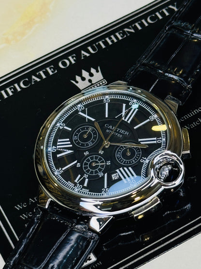 C-1 All Black Leather Cart*er Chronograph Dial Watch