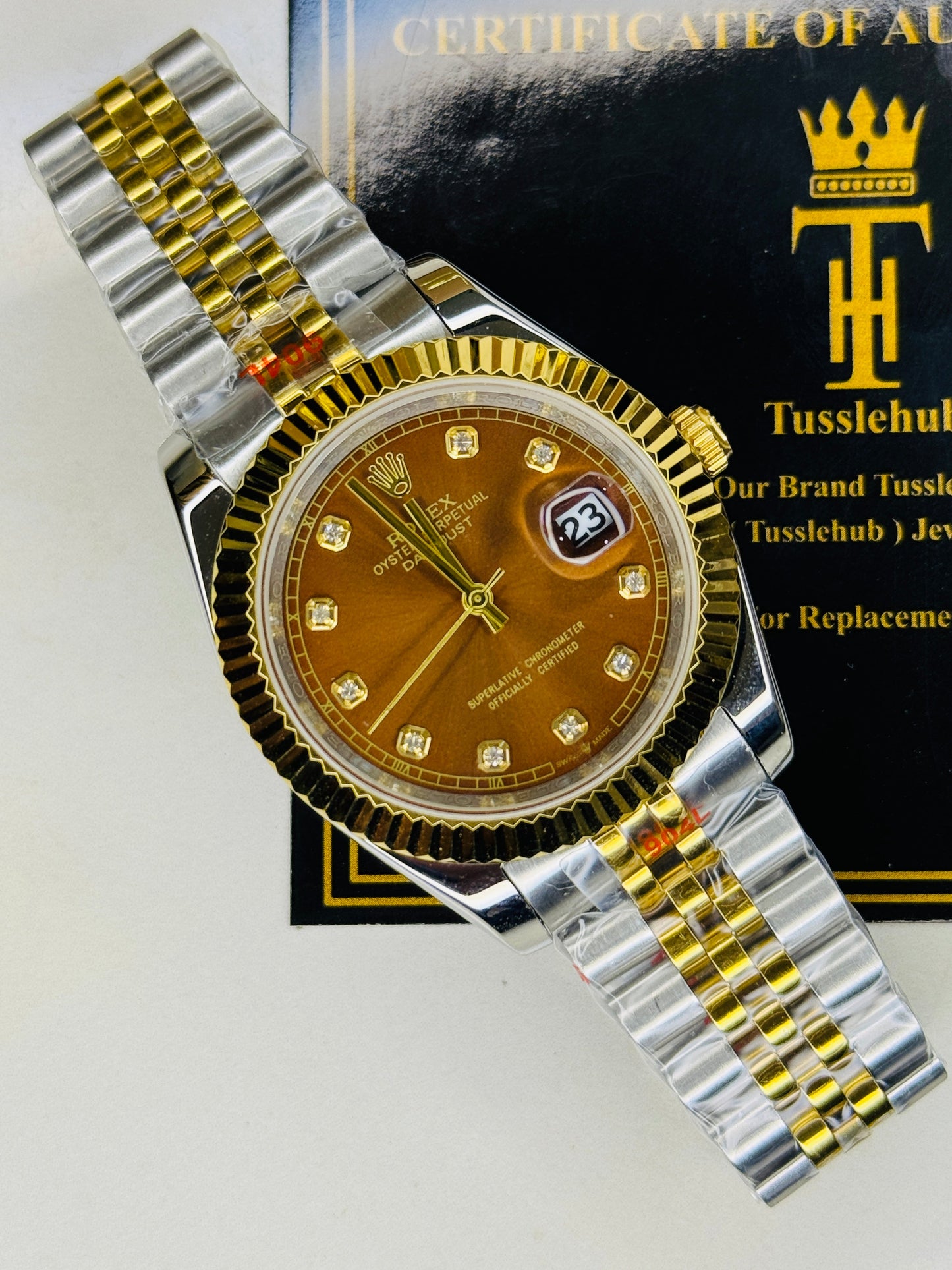 Jubilee Date Just Two Tone Diamond Fluted Chocolate Dial Quartz Watch