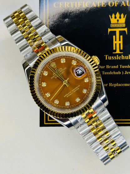 Jubilee Date Just Two Tone Diamond Fluted Chocolate Dial Quartz Watch