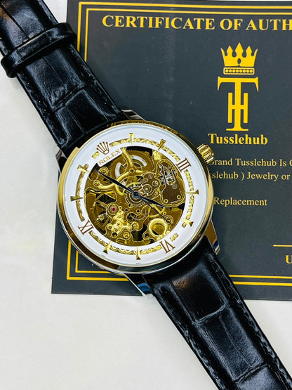 Leather Rol*x Black White Automatic Skeleton Watch