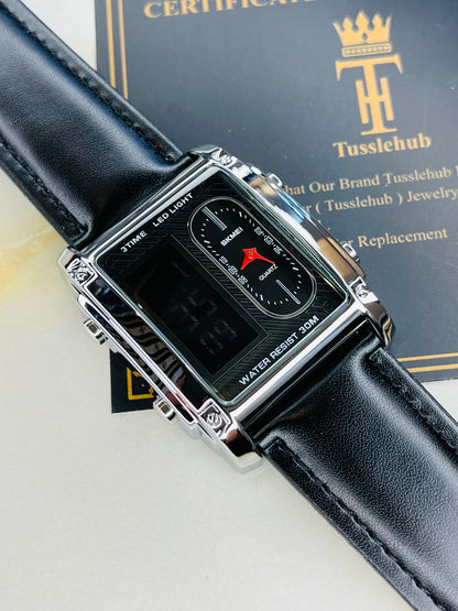 Leather Strapped Skmei 3 Time Silver Watch