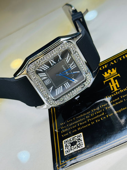Silver Black Iced Tank Silicon Cartier Watch