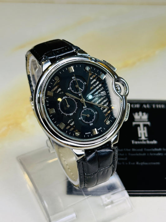 C-2 All Black Leather Cart*er Chronograph Dial Watch