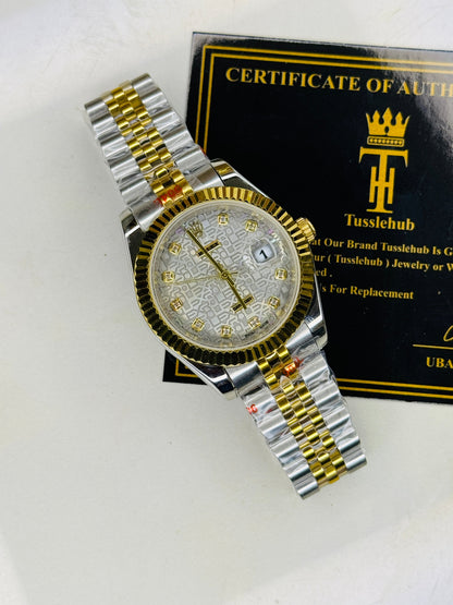 Jubilee Date Just Two Tone Diamond Fluted Grey Textured Dial Quartz Watch