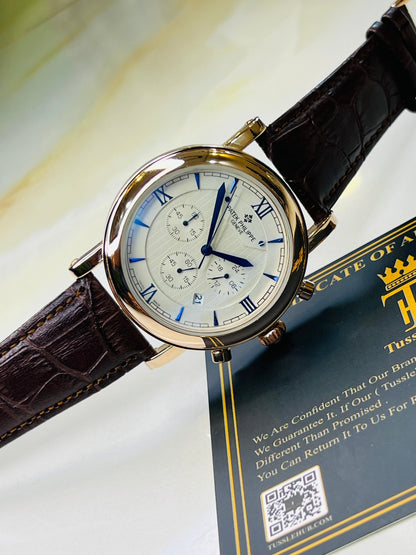 Brown Copper Round White Chronograph Dial PP Watch