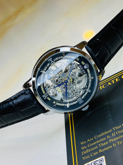 Leather Rol*x Black Silver Automatic Skeleton Watch