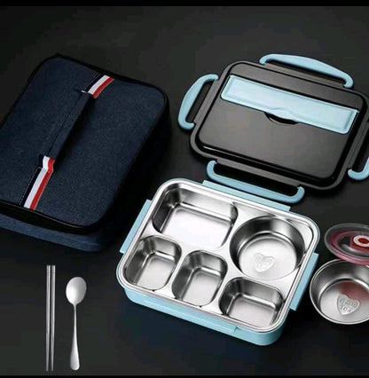 Leak-Resistant Stainless Steel lunch box with 5 compartments  With spoon and sticks