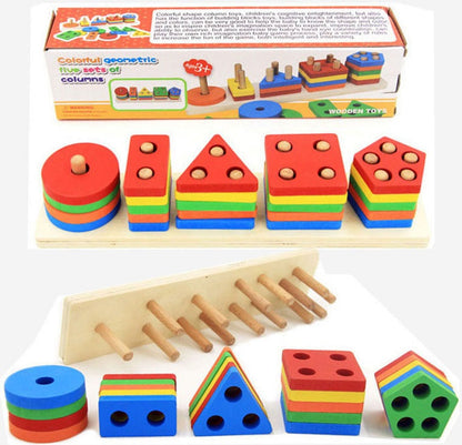 Geometrical Shape Sorting Block Puzzles Five Set Of Columns Wooden